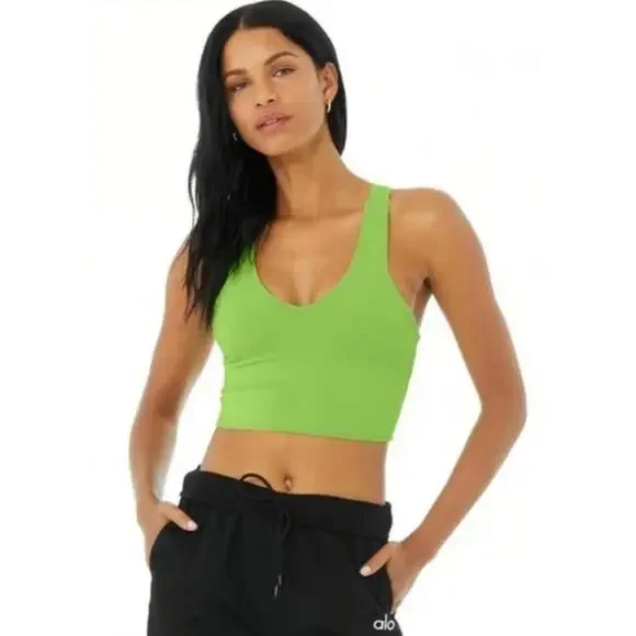 Alo Yoga Airbrush Real Bra Plunge V-Neck Racerback Sz Small Lime Green RN#87370 - Picture 1 of 6